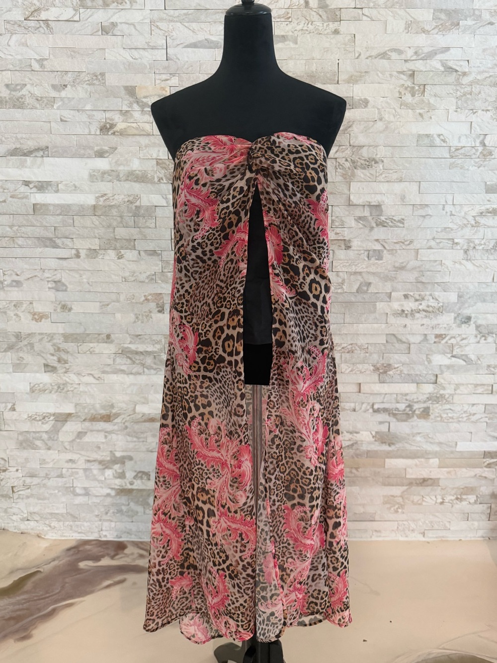 New York & Company Leopard Print Strapless Maxi Dress with Pink Floral Accents